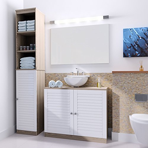 Deuba Badmöbel Set | Braun Weiß | Waschbeckenunterschrank Badezimmerhochschrank Unterschrank Hochschrank