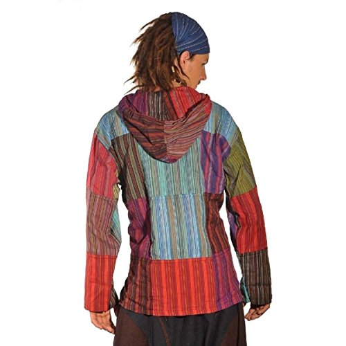 Patchwork Kapuze Hemd Pullover Shirt Fischerhemd Freizeithemd Freizeitshirt Hippie Goa Psy Kurta (XXL)