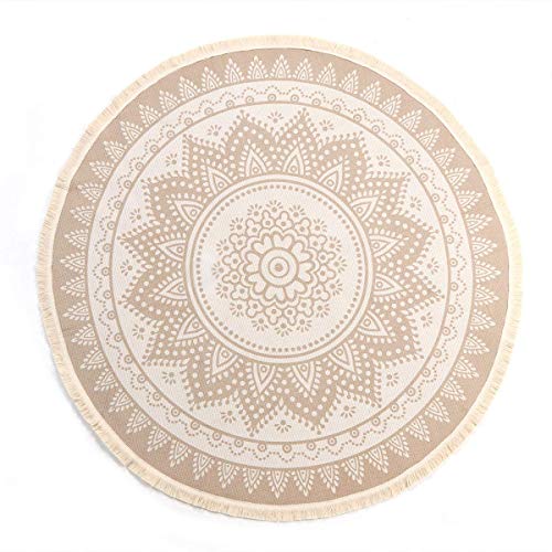 SHACOS Retro Runder Baumwollteppich mit Quasten böhmische Mandala Handwebteppich Abwaschbar rutschfest für Wohnzimmer Schlafzimmerteppich Rund 120cm