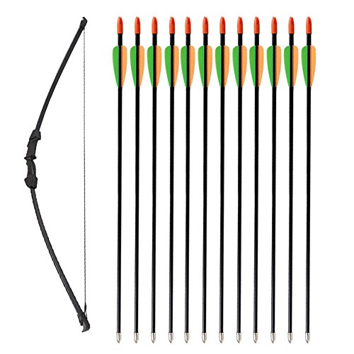 Bogen und Pfeile Set 6er/12er 28' Zoll Kinderpfeile Jugendpfeile Fiberglaspfeile mit Pfeilspitzen Bogenparcour Bogenschießen Bogensport (Bogen und 12er Pfeile Set)