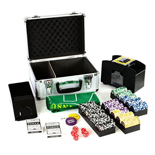Pokerkoffer DeLuxe Pokerset mit 300 OCEAN CHAMPION CHIPS mit viel Zubehör Kartenmischer Kunststoffkarten Kartengeber Spielmatte Poker-Komplettset Black Jack Texas Holdem