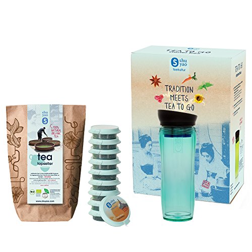 SHUYAO Starter Box Tee to go, Teamaker (360ml) jade + Tee-Set mit 10 unterschiedlichen Teesorten, auslaufsicherer Thermobecher/Infuser mit integriertem Sieb, Tee-Becher und Trinkflasche für unterwegs