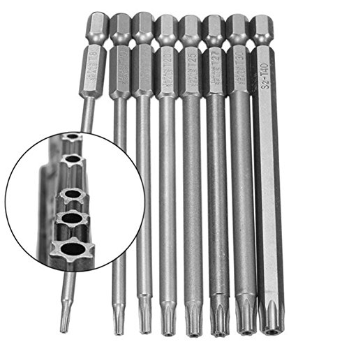 TBoonor 8 Stück Torx Bits Schraubendreher Set 100mm T8-T40 Extra lang Magnetische Schraubendreher Kit S2 Stahl 1/4 Zoll Sechskant Schaft Elektrische Schraubendreher Werkzeug Reparatur set