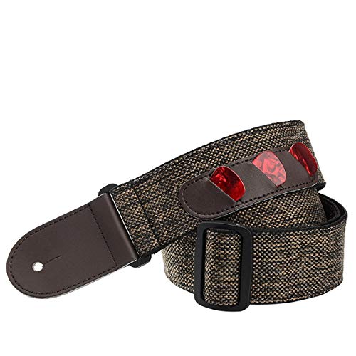 HOUSON Einstellbare Gitarrengurt (Länge 98cm-153cm), Vintage Gitarrengurt Guitar Strap Baumwolle und Echtes Leder Integrierte Pick-Tasche Ideal für elektrische akustische Bass Ukulele und E-Gitarre