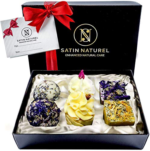 Bio Badepralinen Geschenkset Divine Moments/Höchste Qualität/Handgefertigte Badekugeln in hochwertiger Geschenkbox mit Satin Ausbettung + Schleife/Vegane Geschenk-idee für die Frau