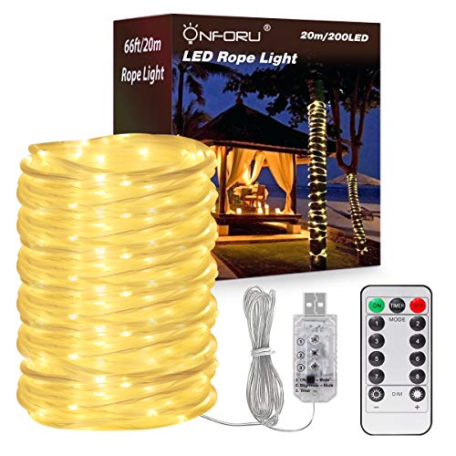 Onforu 20m LED Lichtschlauch mit 8 Modi, Dimmbar Licht mit USB-Anschluss, Timer, IP65 Wasserdicht, 200 LEDs Warmweiß Lichterkette Geeignet für Innen Außen Party Balkon DIY Deko