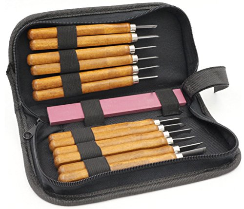Holz-Schnitzwerkzeug Set, KWOKWEI 12 teiliges Holz-Schnitzmesser mit SK2 Stahlmeißel, Professional Holzschnitzerei Meißel Set mit Schleifsteine für holz, Obst, Gemüse, Carving DIY, Skulptur und Wax