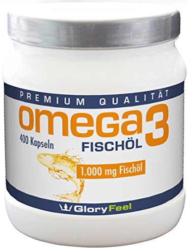 Omega 3 Fischöl-Kapseln 1000mg - DER VERGLEICHSSIEGER 2017* - 400 Stück Hochdosiert - Mit 180mg EPA und 120mg DHA pro Omega-3 Softgel-Kapsel - Ohne Magnesiumstearate von GloryFeel