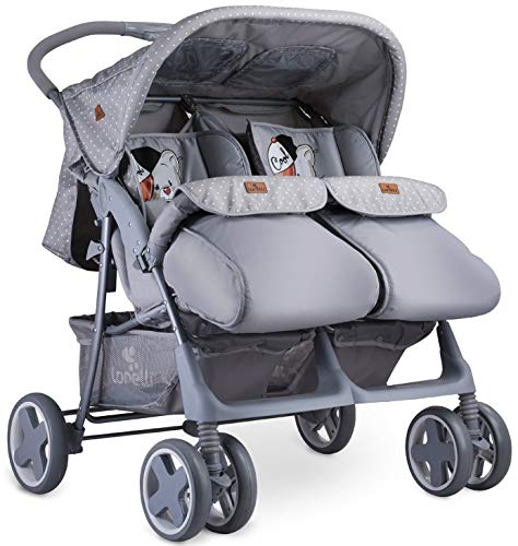 Lorelli Zwillingsbuggy/Geschwisterbuggy mit Liegefunktion, inklusive Wickeltasche und vielen Extras, Grey Cool Cat 1002007-1939
