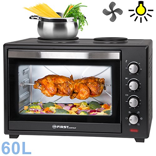 TZS First Austria - 60 Liter 3400W Mini-Backofen mit Kochplatten und Krümelblech | Innenbeleuchtung | Drehspieß | Umluft | Mini-Pizza-Ofen | Kochplatten separat bedienbar | Doppelglastür | Mini-Küche