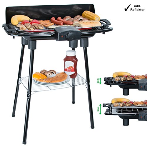 2000 Watt Elektro Grill mit Temperaturregler und Wärmereflektor Gartengrill mit Standfüßen Grillfläche: 45cm x 22cm Inklusive Windfang Barbecue Elektrisch BBQ Tischgrill