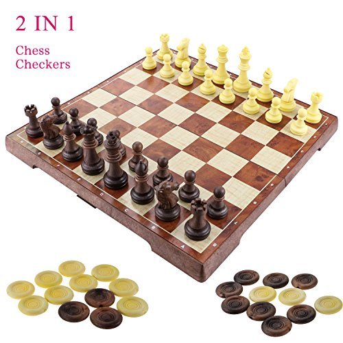 2 in 1 Schachspiel Magnetisch, Fixget Schachspiel Schachbrett mit Deluxe Magnetischem mit Figuren Schachbrett edel Einkla ppbar Holz Schachspiel Schachkassette Komplettes Schachfiguren Set