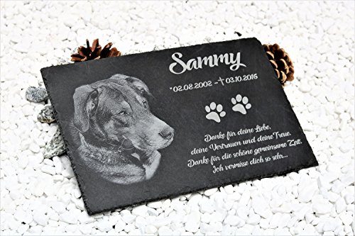 Schiefer Gedenktafel Gedenkstein mit Gravur / Fotogravur + 1 Motiv ca. 30x20 cm für Haustiere: Hund Katze Pferd mit Foto schönes Andenken an die Liebsten - kein Druck! Grabschmuck / Grabplatte mit Charm