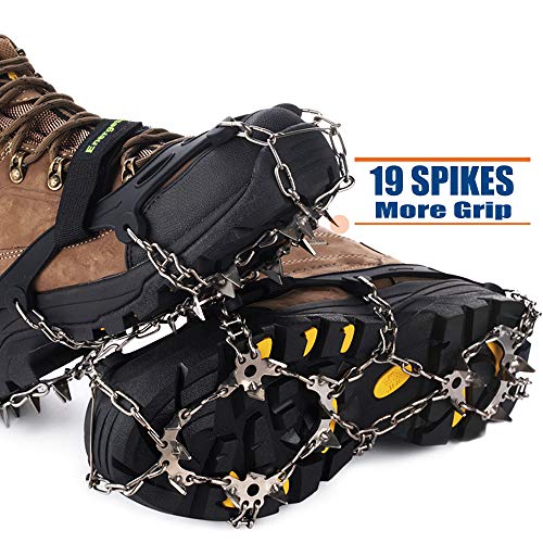 Ice Klampen Steigeisen mit 19 Zähne,Wahre Edelstahl Spikes und langlebiges Silikon,Schuhkrallen Anti Rutsch Schuhspikes für Winter Walking Wandern Bergsteigen. (Schwarz, L)