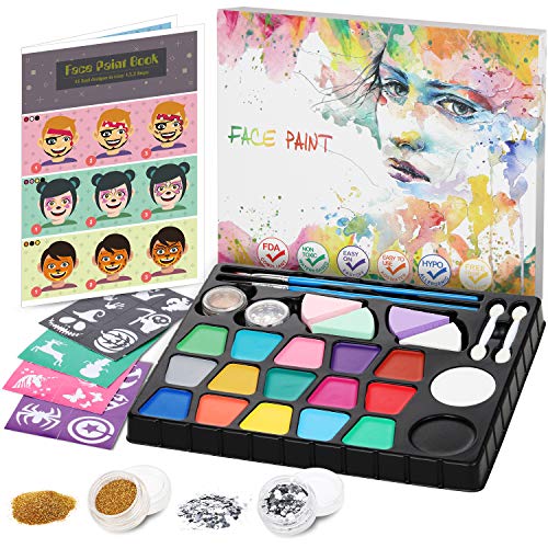 Lenbest Kinderschminke Set, 17 Professionelle Schminkfarben Größere Kapazität Schwarz-Weiß, mit Gemalte Tutorial-Broschüre, 28 Schablonen und 4 Pinsel - Wasserlösliches für empfindliche Haut