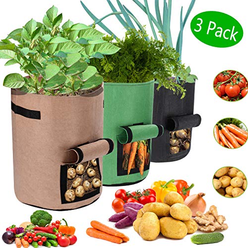 Pflanzen Tasche 3er Pack, Wasserdichte Kartoffel Pflanzsack, 10 Gallonen Atmungsaktives Nonwoven-Tuch mit Vecro-Fenster und Griff Wachstumstasche für Kartoffeltomate（Grün + Schwarz + Khaki）
