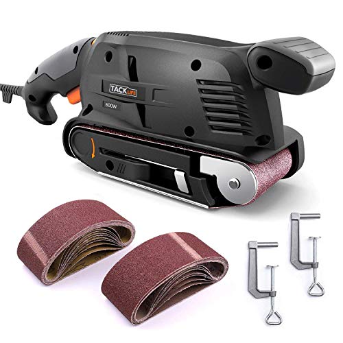 Bandschleifer 600W, Tacklife Schleifer 6 Gänge Drehzahlregelung, 13 Stück Sandpapier(75X457mm), 3M Kabel, Staubfänger, 360-560rpm, 2 Staubsauger Adapter, 2 Schraubzwingen, Schleifmaschine/PSFS1A