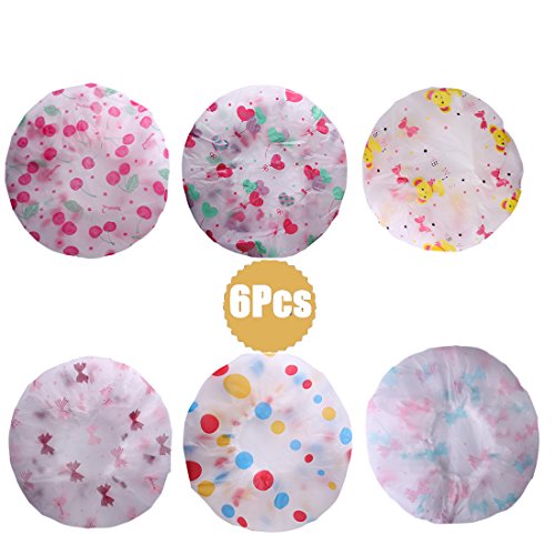 DoGeek 6 Stück Doppelschicht Duschhaube Elastisch Wasserdicht Bad Kappe Badehaube Kunststoff Baden Haare Kappe Frau Salon Hut