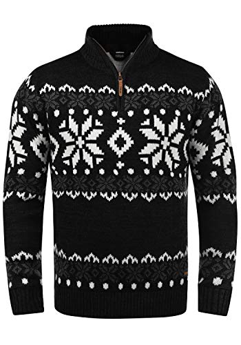 !Solid Norwin Herren Weihnachtspullover Norweger-Pullover Winter Strickpullover Troyer Grobstrick mit Stehkragen, Größe:M, Farbe:Black (9000)