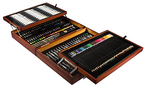 MONT MARTE Premium Malset Deluxe – 174-teilig – Hochwertiger Malkoffer aus Holz mit essentiellen Malmedien – Acryl-, Aquarell-, Öl-, Pastellfarben, Stifte, Pinsel und vieles mehr