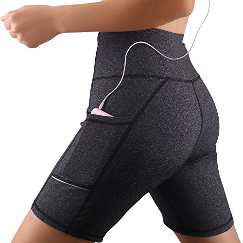 GRAT.UNIC Damen Fitness Damen Shorts, Kurze Yogahose, Schnell trocknende Trainieren Sporthose mit Taschen, Hohe Taille Sport Leggings (Grau, XL)