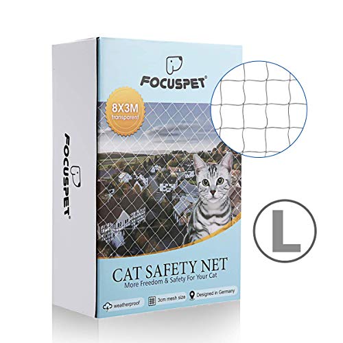 Focuspet Katzennetz, 8x3 M Katzennetz Transparent Katzengitter Balkon Katzenschutznetz Schutznetz Balkonnetz Katzennetz für Balkon Inkl. Haken, Dübel, Kabelbinder und 25m Befestigungsseil