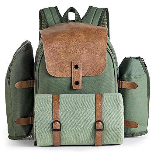 VonShef 4 Personen Abenteuerrucksack | Grüne Khaki Picknick Tasche | ESS-Set für 4 mit Wasserdichter Decke, Bestecksets, Weingläsern aus Kunststoff, Salz- & Pfefferstreuer