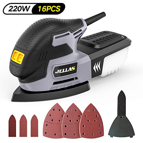 Multischleifer 220 W - JELLAS Deltaschleifer, 13000 U/min-Schleifmaschine mit Staubsammler, 16 Stück Schleifpapier, Detailschleifplatte und Fingerschleifvorrichtung enthalten