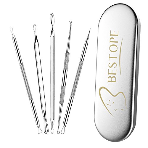 BESTOPE 5 Stücke Mitesserentferner -Komedonenquetscher Set aus Edelstahl - doppelseitig -Nagelhautschieber Werkzeug Professionell Gesundheit Behandlung für Pickel Whiteheads Akne Extraktoren Risikofrei Glatte Nose Gesicht Haut