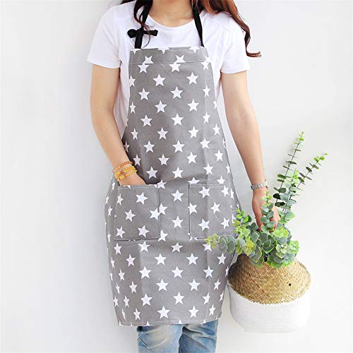 Lindong Sterne Schürze mit Tasche Baumwolle Leinen Damen Küchenschürze Latzschürze Kochschürze zum Kochen oder Backen grau