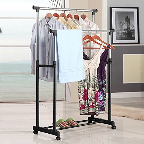 Bunao Höhenverstellbar Garderobenwagen Kleiderständer Rollgarderobe Garderobenständer auf Rädern mit Schuhablage & 2 Kleiderstangen, 92-156cm (Silber-Schwarz)