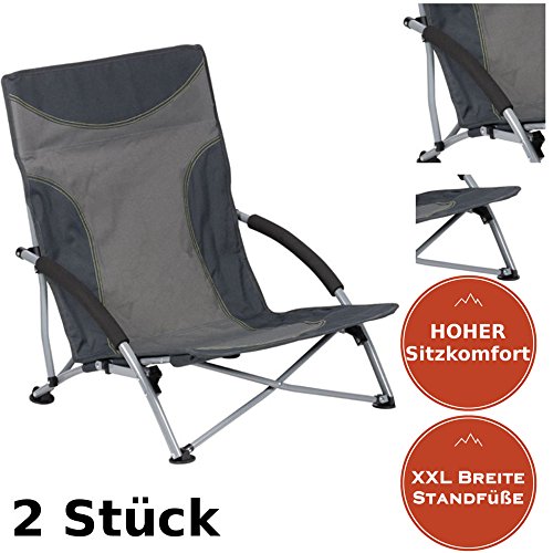 Strandstuhl im 2er-Set | bequemer + extra stabiler Strandstuhl | Extra breite Standfüße für weichen Boden | robustes 600D Rip-Stop Gewebe | Packmaß nur 15 x 18 x 77cm | inkl. Tragetasche | Rot | Blau | Grün | Orange | Grau (2er Set Grau)
