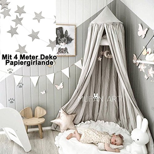 Grau Baldachin, Wenscha Betthimmel Kinder Baby Kinderzimmer Bettvorhang Baumwolle Deko Moskitonetz Insektenschutz für Prinzessin Spielzelte Babybett & Schlafzimmer Dekoration, mit Sternengirlande