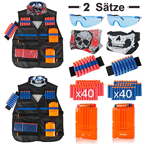 LVHERO 2 Sätze Kinder Taktisch Vest Battle Weste Kit für Nerf Guns N-Strike Elite Serie，2 Stück Battle Weste mit 2 Armbänder, 2 Clip-Magazinen, 2 Schutzbrillen, 2 Schädelmaske, 80 Pfeiles