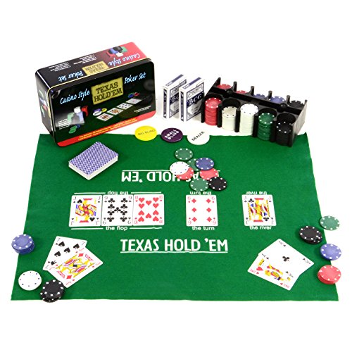 Pokerset 200 Pokerchips Spielmatte Pokerkarten Geschenkbox aus Metall 2 Decks, Dealer Button, Small Blind, Big Blind, Pokerkarten in Geschenk-Box aus Metall