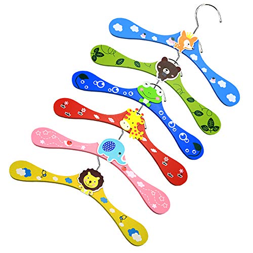 Kleiderbügel Kinder 6 Stück Bunte Kleiderbügel Baby Holz Platzsparend Hangers mit Tiermotive - Elefant, Löwe, Bär, Frosch, Giraffe und Fuchs