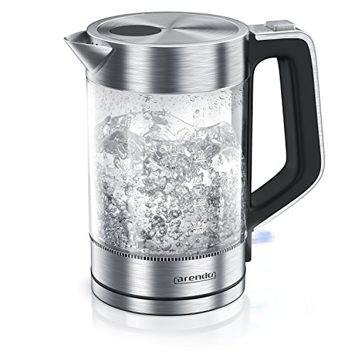 Arendo - Glas Wasserkocher Edelstahl | 1,7 Liter | 2200W | Cool-Touch-Griff | One Touch-Verschluss | Automatische Abschaltung | Integrierte Kabelführung | Überhitzungsschutz
