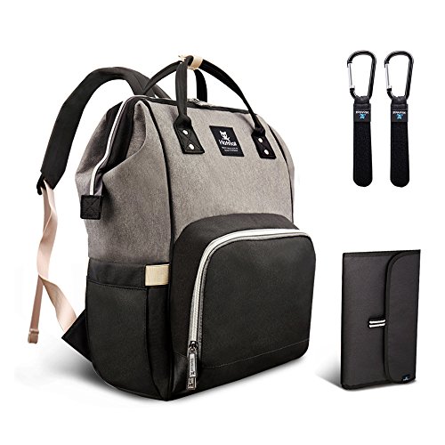 Hafmall Wickeltasche Rucksack Wasserdichte Reise Babytasche, Stilvolle Große Kapazität Baby Wickelrucksack mit Wickelunterlage und Kinderwagen Haken (Schwarz+Grau)