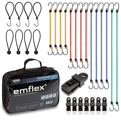 emflex GS-MAX 30er Set Universal Spanngummi mit Haken inkl. 8x Expander-Schlingen & 8x Planenhalter/Planenclips - MARKTEINFÜHRUNG - 14x Profi Gepäckspanner mit integrierten Kratzschutz-Kappen