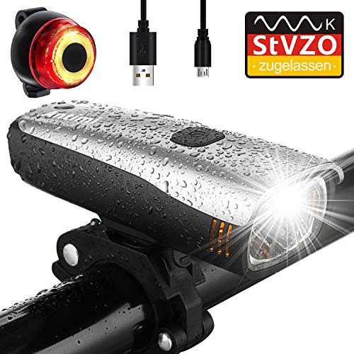 Antimi Fahrradlicht Led Set, LED Fahrradbeleuchtung mit 2 Licht-Modi, StVZO-Zulassung, Frontlicht und Rücklicht/Rotlicht, IPX5 Regen- und stoßfest Fahrrad Licht 2600mAh
