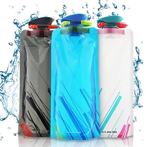 Nasharia Faltbare Wasserflaschen, Set von 3 Flexible zusammenklappbare Trinkflasche Wiederverwendbare Wasser-Flaschen Trinkrucksäcke für das Wandern, Abenteuer, das Reisen, 700ML