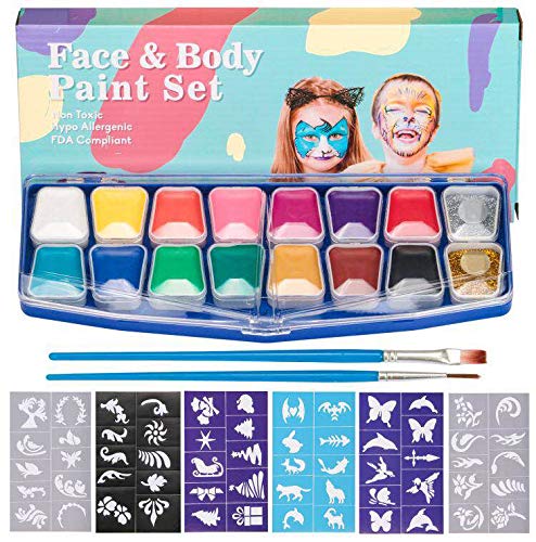 HENMI Kinderschminke Set Face Paint -14 Farben Schminkpalette,2 Glitzer,60 Schablonen,2 Berufs Pinsel Hochwertiges Kinder Schminkset Ideal für Kinder Partys Mädchen & Fasching für Kinder Schminke-Gesichtsbemalung, Körperfarben,Haare Malen