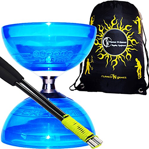 Diabolo Set Cyclone Quartz (Blau) Freiläufer (mit kugellager) Dreifache Lagerung Kombi-Set mit Diablo CARBON-Handstäbe und Diaboloschnur +Reisetasche! Jongliergeräte / Diabolo für Profis.