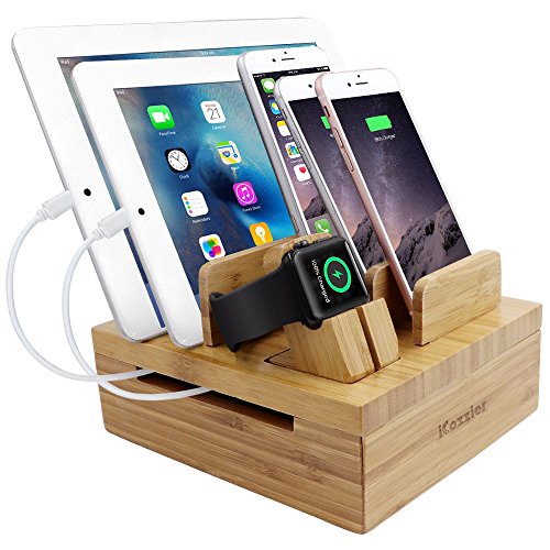 Bambus 5 Steckplätzen abziehbarer Tablet- und Handyhalter Desktopspeicher für Apple Watch, iPhone, iPad, iWatch-Ständer/ Drahtspeicher/ Ladestation für mehrere Geräte