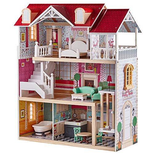 TOP BRIGHT Puppenhaus Holz groß,Holz Puppenhaus mit Möbel und Zubehör,Puppenhaus Spielzeug für Mädchen