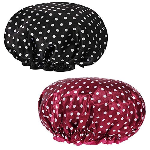 Duschhaube,2er Pack Damen Bad Kappe Doppelschicht Bad-Hut Wiederverwendbar Wasserdichte Elastische Badehüte Groß Duschhauben für Frau Dusche Spa Salon Schwarzer Rot Tupfen
