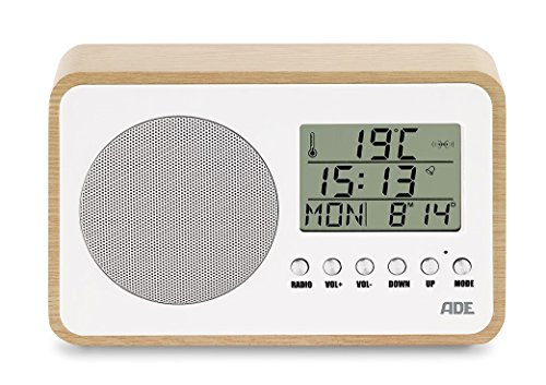 ADE BR1705 Radio (kompakt und batteriebetrieben im Retro-Style mit Uhr, LCD-Display, Wecker, Thermometer und Kalender) Weiß - Birke