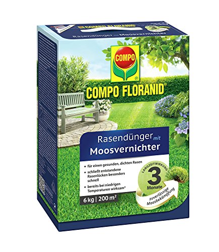 COMPO FLORANID Rasendünger mit Moosvernichter, 3 Monate Langzeitwirkung, Feingranulat, 6 kg, 200 m²