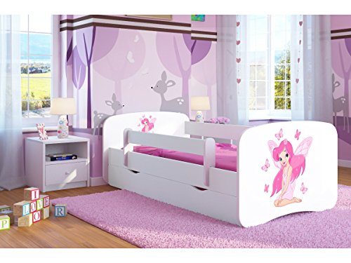 Kocot Kids Kinderbett Jugendbett 70x140 80x160 80x180 Weiß mit Rausfallschutz Matratze Schubalde und Lattenrost Kinderbetten für Mädchen und Junge - Fee mit Schmetterlingen 180 cm