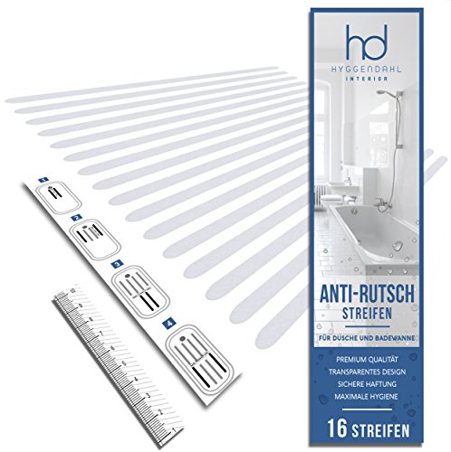 HYGGENDAHL 16x Anti-Rutsch Streifen für Dusche Whirlpool Badewanne | Selbstklebender Rutschschutz Transparent | Klebestreifen mit Positionier-Schablone